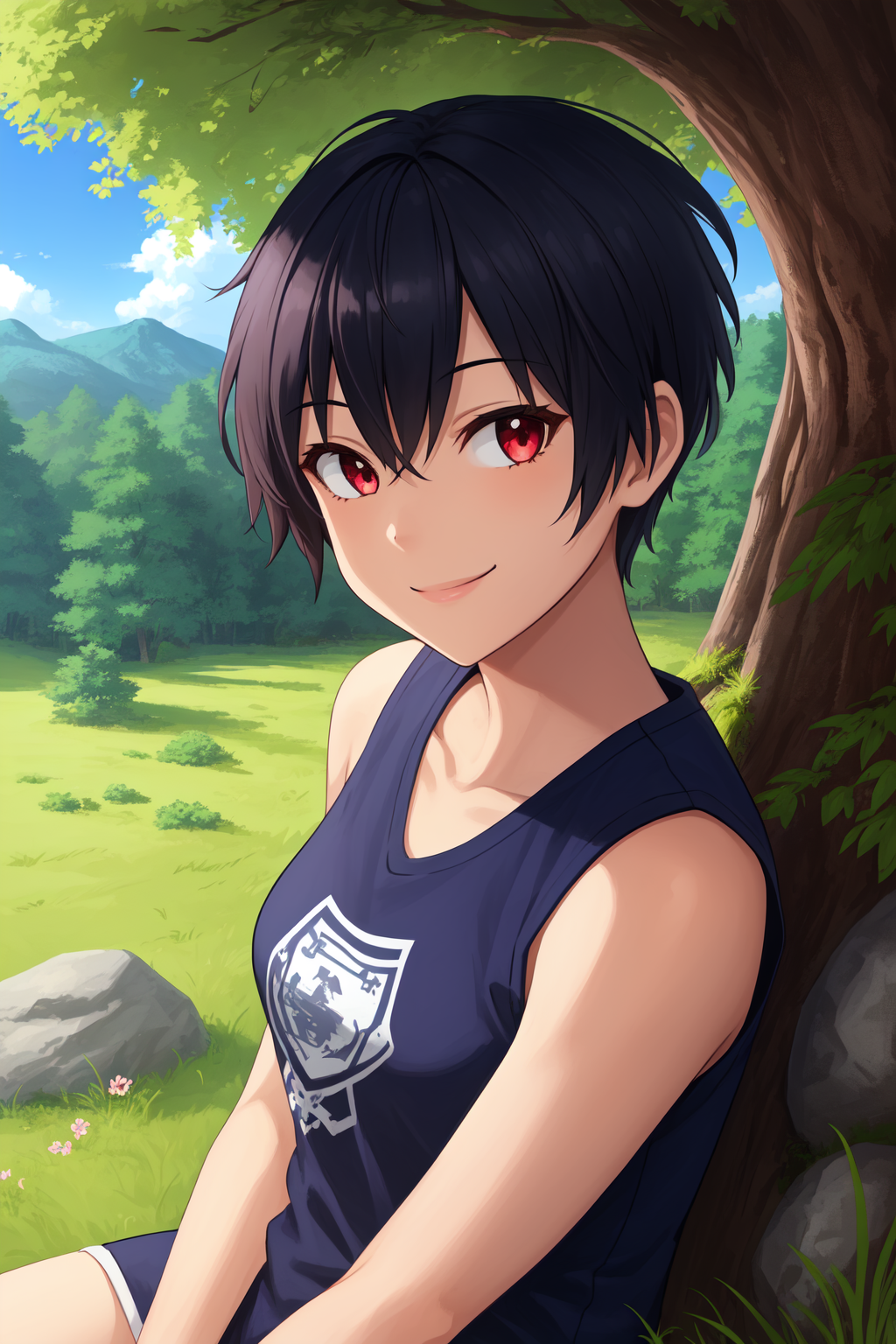 19581-1593876553-1girl, solo, (tomboy_1.2), (upper body_1.2), (sitting under tree_1.2), under tree,__black hair, (short hair, long sidelocks_1.2).png